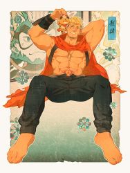 Rule 34 | abs, arm behind head, armpits, bara, barefoot, beenic, biceps, black hair, blonde hair, chest belt, denim, gauntlets, gyee, highres, jeans, jewelry, kanji, large pectorals, male focus, manly, mature male, multicolored hair, muscular, muscular male, necklace, nipples, no shirt, original, pants, pectorals, romg, scar, scar across eye, scar on face, scarf, solo, spiked hair, spread legs, stomach tattoo, stuffed animal, stuffed toy, tattoo, thick arms, undercut, yun shen