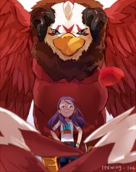 Rule 34 | 00s, 1girl, aquilamon, artist name, bird, blue eyes, brown eyes, denim, digimon, digimon (creature), digimon adventure 02, eagle, glasses, hands on own hips, horns, inoue miyako, jeans, long hair, looking up, pants, purple hair, shirt, size difference, smile, t-shirt, t k g