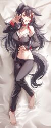Rule 34 | 1girl, alternate costume, animal ears, bare shoulders, barefoot, bed, black hair, black pants, black shirt, bneoul, brown eyes, fang, hair between eyes, hair ornament, hairclip, highres, hololive, long hair, looking at viewer, multicolored hair, navel, on bed, ookami mio, open mouth, pajamas, pants, red hair, shirt, skin fang, solo, streaked hair, tail, virtual youtuber, wolf ears, wolf girl, wolf tail