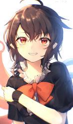 Rule 34 | 1girl, ahoge, asymmetrical wings, black dress, black hair, blurry, bow, bowtie, breasts, commentary request, dated, depth of field, dress, frills, grin, hair between eyes, hand up, highres, houjuu nue, kisamu (ksmz), light blush, looking at viewer, pointy ears, red bow, red bowtie, red eyes, short hair, short sleeves, signature, simple background, small breasts, smile, solo, touhou, upper body, white background, wings, wristband