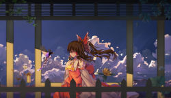 Rule 34 | 1girl, armband, ascot, bird, blue sky, blurry, bow, cloud, day, dead line, depth of field, detached sleeves, expressionless, fence, frilled bow, frills, from side, hair bow, hair tubes, hakurei reimu, hand up, highres, long hair, ponytail, profile, red eyes, red shirt, red skirt, shirt, skirt, sky, sleeveless, sleeveless shirt, solo, touhou, upper body, walking, wide sleeves, wind