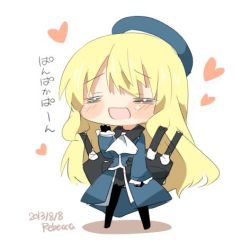 Rule 34 | 10s, 1girl, :d, = =, atago (kancolle), bad id, bad twitter id, beret, blonde hair, blush, chibi, closed eyes, dated, hat, heart, kantai collection, long hair, lowres, open mouth, pan-pa-ka-paaan!, pantyhose, rebecca (keinelove), signature, simple background, smile, solo, translated, white background