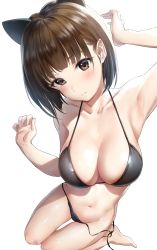 Rule 34 | 1girl, animal ears, arm up, armpits, bikini, black bikini, blush, breasts, brown eyes, brown hair, cat ears, cleavage, closed mouth, collarbone, commentary request, foreshortening, looking at viewer, medium breasts, navel, original, short hair, simple background, solo, swimsuit, takeashiro, thighs, wardrobe malfunction, white background