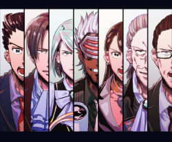 Rule 34 | ace attorney, ascot, black hair, black suit, blue hair, blue suit, brown hair, capcom, collared shirt, cup, dark-skinned male, dark skin, emergency exi10, facial hair, formal, franziska von karma, glasses, godot (ace attorney), gregory edgeworth, grey hair, grin, hair slicked back, letterboxed, light blue hair, manfred von karma, mask, mia fey, miles edgeworth, open mouth, panels, phoenix wright, red suit, ribbon, shirt, smile, suit, white hair