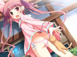 Rule 34 | accidental exposure, animal, cat, dress, earrings, eyebrows hidden by hair, flat chest, from behind, hair ribbon, highres, jewelry, ko~cha, looking back, minette, outdoors, panties, panty pull, partially visible vulva, pink dress, pink panties, pulling another&#039;s clothes, ribbon, shukufuku no campanella, twintails, underwear