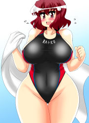 Rule 34 | 1girl, akasode (tyaramu), bare shoulders, beach towel, blush, breasts, competition swimsuit, covered navel, curvy, flying sweatdrops, gradient background, highleg, highleg swimsuit, highres, horikawa raiko, huge breasts, looking at viewer, one-piece swimsuit, open mouth, red eyes, red hair, short hair, solo, standing, sweatdrop, swimsuit, thick thighs, thighs, touhou, towel, wide hips