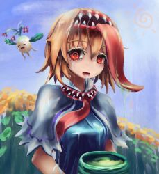 Rule 34 | 1girl, @ @, alice margatroid, blonde hair, blue dress, blue sky, body horror, capelet, commentary request, cookie (touhou), cup, daikon, dress, extra mouth, eyes visible through hair, flower, frilled capelet, frills, green tea, hair between eyes, hairband, hinase (cookie), looking at viewer, mushi kui, open mouth, oversized object, purple flower, radish, red eyes, red neckwear, reu daikon, saliva, short hair, sky, solo focus, sun, tea, teeth, tongue, tongue out, touhou, upper body, white capelet, yellow flower, yunomi