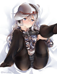 Rule 34 | 1girl, bad id, bad pixiv id, black pantyhose, black skirt, blue eyes, blush, camouflage, camouflage jacket, closed mouth, earmuffs, feet, flat cap, gradient background, hair between eyes, hammer and sickle, hat, hibiki (kancolle), jacket, juurouta, kantai collection, long hair, long sleeves, no pants, no shoes, panties, panties under pantyhose, pantyhose, peaked cap, silver hair, skirt, solo, star (symbol), toes, underwear, verniy (kancolle)