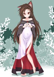 Rule 34 | 1girl, absurdres, alternate costume, animal ears, bare shoulders, barefoot, brooch, brown hair, collarbone, dress, fingernails, highres, imaizumi kagerou, jewelry, long hair, long sleeves, looking at viewer, navel, pochi colo, red eyes, side slit, solo, touhou, wide sleeves, wolf ears
