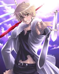 Rule 34 | 00s, 1boy, belt, bishounen, collarbone, fate/stay night, fate (series), gae bolg (fate), gate of babylon (fate), gilgamesh (fate), male focus, official alternate costume, outdoors, polearm, sky, smile, solo, spear, sword, weapon