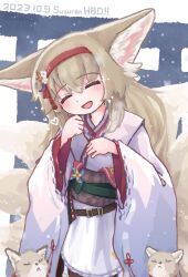 Rule 34 | 1girl, animal, animal ears, apron, arknights, artist name, blonde hair, blush, closed eyes, commentary request, cowboy shot, dated, fang, fox, fox ears, fox girl, fox tail, frilled apron, frills, hair between eyes, hairband, happy birthday, heart, highres, japanese clothes, kimono, kitsune, kyuubi, long hair, long sleeves, multiple tails, obi, official alternate costume, open mouth, oudonium, pink kimono, pinwheel, red hairband, revision, sash, solo, suzuran (arknights), suzuran (yukibare) (arknights), tail, twitter username, waist apron, white apron, wide sleeves
