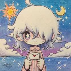 Rule 34 | 1girl, ahoge, cloud, crescent moon, dated, hair over one eye, hands up, heart, highres, holding, holding letter, horizon, letter, moon, original, pink shirt, purple eyes, shirt, signature, sky, solo, star-shaped pupils, star (sky), star (symbol), starry sky, striped clothes, striped shirt, sun, symbol-shaped pupils, tears, zukky000