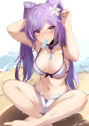 Rule 34 | 1girl, absurdres, armpits, arms up, bare legs, barefoot, beach, bikini, bikini under clothes, blush, breasts, choker, cleavage, collarbone, commentary request, cone hair bun, flower, food, genshin impact, hair bun, hair flower, hair ornament, haneramu, highres, keqing (genshin impact), legs, long hair, looking at viewer, medium breasts, mismatched bikini, mouth hold, navel, on ground, open clothes, open fly, open shorts, pink eyes, popsicle, purple choker, purple hair, short shorts, shorts, solo, stomach, swimsuit, twintails, unbuttoned, v-shaped eyebrows, very long hair, water, white shorts