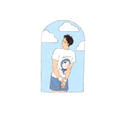 Rule 34 | 1boy, arms behind back, black hair, blue background, blue shorts, blue sky, character print, chengongzi123, closed mouth, cloud, cowboy shot, doraemon (character), from behind, highres, kogure kiminobu, looking at viewer, looking back, male focus, own hands together, shirt, short sleeves, shorts, simple background, sky, slam dunk (series), smile, standing, striped clothes, vertical-striped clothes, white shirt