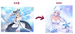 Rule 34 | 1girl, artist progress, azur lane, bare shoulders, blue eyes, blue gemstone, braid, breasts, cleavage, cocktail dress, dress, elbow gloves, elsynien, evening gown, feather hair ornament, feathers, flight deck, gem, gloves, hair ornament, hair wings, hat, highres, illustrious (azur lane), illustrious (illustrious ball) (azur lane), large breasts, long hair, looking at viewer, multiple views, official alternate costume, sleeveless, sleeveless dress, strapless, strapless dress, sun hat, white dress, white gloves, white hair, white headwear