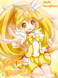 Rule 34 | 10s, 1girl, :d, blonde hair, bow, bowtie, brooch, character name, choker, copyright name, cure peace, dress, eyelashes, hair flaps, hair ornament, hairpin, jewelry, kise yayoi, long hair, magical girl, open mouth, precure, skirt, smile, smile precure!, solo, v, yellow background, yellow bow, yellow dress, yellow eyes, yellow skirt, yellow theme, yukinon, yukinon (tsuki koubou)