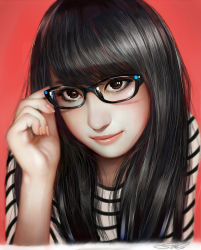 Rule 34 | 1girl, adjusting eyewear, arm up, black-framed eyewear, black eyes, black hair, blouse, closed mouth, glasses, highres, lipgloss, lips, looking at viewer, nose, original, pink lips, randy (awesomevillage), realistic, red background, shirt, simple background, solo, striped clothes, striped shirt, upper body, white shirt