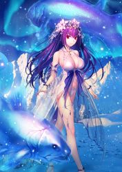 Rule 34 | anklet, aurora, bare legs, bikini, bracelet, breasts, fate/grand order, fate (series), fish, flower, hair ornament, jewelry, koyama hirokazu, large breasts, long hair, looking at viewer, navel, necklace, official art, purple hair, red eyes, scathach (fate), scathach skadi (fate), scathach skadi (swimsuit ruler) (fate), smile, swimsuit, thighs, white bikini