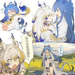 Rule 34 | 2girls, ^ ^, absurdres, aqua eyes, arknights, arm up, averting eyes, beamed eighth notes, black shorts, blonde hair, blue hair, blush stickers, braid, breasts, chinese commentary, chinese text, closed eyes, commentary request, constricted pupils, dragon girl, dragon horns, dragon tail, dress, earrings, eighth note, face-to-face, facing viewer, fangs, hair between eyes, highres, holding, horns, incest, jewelry, kuangbao chi zai tu kuai, ling (arknights), long hair, long sleeves, looking at another, multicolored hair, multiple girls, musical note, open mouth, outdoors, pointy ears, profile, red pupils, shorts, shu (arknights), siblings, sisters, sketch, smile, speech bubble, standing, tail, translation request, watermark, weibo logo, weibo watermark, white background, white dress, white hair, yuri