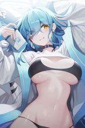 Rule 34 | 1girl, absurdres, arm behind head, arm pillow, arm up, bad id, bad pixiv id, bed sheet, belt collar, bikini, bikini under clothes, black bikini, black choker, blue hair, blue nails, breasts, choker, clothes lift, collar, eyelashes, eyes visible through hair, grin, groin, hair over one eye, hand up, highres, holding, jacket, large breasts, long hair, long sleeves, looking at viewer, lying, marin (ness (pjw0168)), nail polish, navel, ness (pjw0168), nintendo switch, on back, on bed, open clothes, open jacket, original, sharp teeth, shirt, shirt lift, skindentation, sleeveless, smile, solo, stomach, strap gap, stuffed animal, stuffed toy, swimsuit, teeth, underboob, upper body, white jacket, white shirt, yellow eyes
