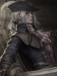 Rule 34 | 1girl, ascot, belt, blood, blood on clothes, bloodborne, cape, deviantart username, gloves, grey hair, hat, hat feather, highres, lady maria of the astral clocktower, looking to the side, patreon username, ponytail, realistic, sciamano240, serious, solo, sword, watermark, weapon, web address