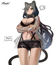 Rule 34 | ..., 1girl, animal ears, arknights, black hair, black shorts, breasts, cat ears, cat girl, cat tail, cleavage, closed mouth, crossed arms, english text, firstw1, gluteal fold, grey jacket, highres, jacket, large breasts, long hair, long sleeves, navel, open clothes, open jacket, revealing clothes, schwarz (arknights), short shorts, shorts, simple background, solo, speech bubble, spoken ellipsis, stomach, sweatdrop, tail, thigh gap, thighs, twitter username, very long hair, white background, yellow eyes
