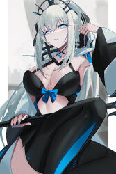 Rule 34 | 1girl, absurdres, armpits, black bow, black dress, blue eyes, blush, boots, bow, braid, breasts, dress, fate/grand order, fate (series), grey hair, hair bow, highres, large breasts, long hair, long sleeves, looking at viewer, morgan le fay (fate), multiple girls, musicatopos, ponytail, sidelocks, smile, solo, thigh boots, thighs, very long hair