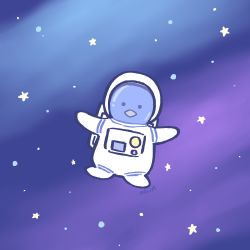 Rule 34 | absurdres, animal, artist name, astronaut, bird, floating, full body, highres, looking at viewer, no humans, olivia (shkm2443), original, penguin, sky, space, star (sky), starry sky