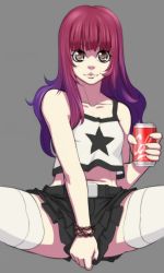 Rule 34 | 1girl, bare shoulders, belt, black skirt, bracelet, brown eyes, can, collarbone, eyelashes, grey background, holding, jewelry, lips, long hair, looking at viewer, multicolored hair, simple background, skirt, skirt tug, soda, solo, spread legs, star (symbol), star print, thighhighs, white thighhighs