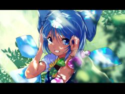 Rule 34 | 1girl, :d, asuzemu, blue bow, blue eyes, blue hair, bow, cirno, dappled sunlight, flower, hair bow, hidden star in four seasons, ice, ice wings, letterboxed, looking at viewer, open mouth, puffy short sleeves, puffy sleeves, short hair, short sleeves, smile, solo, sunflower, sunlight, tanned cirno, touhou, upper body, wings