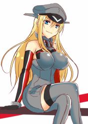Rule 34 | 10s, 1girl, anchor, arm support, bare shoulders, bismarck (kancolle), blonde hair, blue eyes, breasts, crossed arms, dress, elbow gloves, fuuku (cherrymixer), gloves, grey dress, grey thighhighs, hat, kantai collection, large breasts, long hair, looking at viewer, peaked cap, smile, solo, thighhighs
