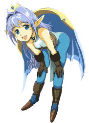 Rule 34 | 1girl, bent over, blue eyes, blue hair, dragon force, elf, gloves, hands on own knees, hirokazu, leaning forward, matching hair/eyes, pantyhose, pointy ears, solo, teiris