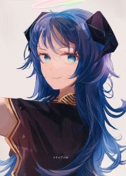 Rule 34 | 1girl, arknights, black dress, blue eyes, blue hair, commentary, dress, grey background, gupipy, halo, horns, long hair, looking at viewer, mostima (arknights), mostima (spellbreaker) (arknights), official alternate costume, parted lips, simple background, smile, solo, upper body