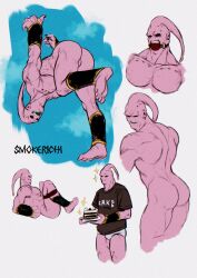 Rule 34 | 1boy, absurdres, ass, bara, black sclera, briefs, bulge, cake, cake slice, cloth gag, collage, colored sclera, colored skin, colored tongue, completely nude, cropped torso, dragon ball, dragonball z, food, full body, gag, gagged, green tongue, happy, highres, holding, holding plate, improvised gag, large pectorals, majin buu, male focus, male underwear, midair, muscular, muscular male, no pants, nude, over the mouth gag, pectorals, pink skin, plate, presenting, red eyes, simple background, smile, smokerichi, sparkle, super buu, testicle peek, thighs, underwear, white male underwear
