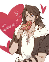 Rule 34 | 2boys, arm strap, black jacket, blue eyes, box, box of chocolates, bright pupils, brown hair, chain necklace, chibi, chibi inset, chibi on shoulder, chocolate, earrings, fermium.ice, final fantasy, final fantasy viii, food, fur-trimmed jacket, fur trim, hand up, happy valentine, heart, heart-shaped box, holding, holding box, holding chocolate, holding food, holding weapon, jacket, jewelry, keyblade, kingdom hearts, kingdom hearts ii, light smile, long hair, male focus, multiple boys, necklace, open clothes, open jacket, pendant, ribbon, scar, scar on face, shirt, short sleeves, solid oval eyes, solo focus, sora (kingdom hearts), squall leonhart, standing, stud earrings, t-shirt, upper body, v-neck, valentine, weapon, white fur, white shirt, yellow ribbon