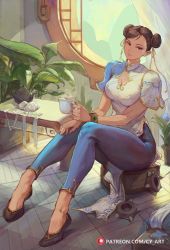 Rule 34 | 1girl, blue dress, blue leggings, bracelet, breasts, brown eyes, brown hair, capcom, china dress, chinese clothes, chun-li, cleavage, cleavage cutout, clothing cutout, commentary, cup, double bun, dress, earrings, full body, hair bun, highres, holding, holding cup, indoors, jewelry, leggings, looking at viewer, medium breasts, parted bangs, patreon logo, plant, short sleeves, sitting, solo, street fighter, street fighter 6, teapot, thighs, window, yang chen (lee5)