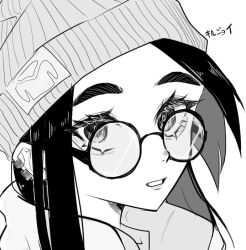 Rule 34 | 1girl, animification, beanie, character name, ear piercing, from side, glasses, greyscale, hair behind ear, hat, jacket, killjoy (valorant), light smile, lime foxy, long hair, looking at viewer, monochrome, parted lips, piercing, portrait, solo, valorant, white background