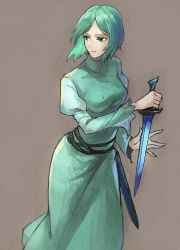 Rule 34 | 1girl, aqua dress, aqua eyes, aqua hair, aqua theme, belt, breasts, closed mouth, dagger, dress, elona, empty eyes, eyebrows, eyelashes, facing away, floating hair, grey background, half-closed eyes, hand on blade, herayoshi, holding, holding dagger, holding knife, holding weapon, juliet sleeves, knife, larnneire, lips, long sleeves, looking away, looking to the side, medium breasts, nose, palms, parted bangs, parted lips, puffy long sleeves, puffy sleeves, sheath, short hair, small breasts, solo, standing, turtleneck, unsheathed, weapon, wide sleeves, wind, wind lift