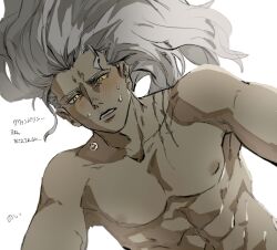 Rule 34 | 1boy, abs, absurdres, alternate form, blush, collarbone, dark souls (series), dark souls iii, grey hair, highres, long hair, male focus, muscular, muscular male, nameless king, simple background, solo, sweat, teeth, translation request, upper body, white background, yellow eyes, zunkome