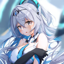 Rule 34 | 1girl, bare shoulders, black gloves, blue hair, blurry, blurry background, blush, breasts, bronya zaychik, bronya zaychik (herrscher of truth), colored inner hair, gloves, grey eyes, grey hair, hair between eyes, highres, honkai (series), honkai impact 3rd, large breasts, long hair, multicolored hair, open mouth, red pupils, solo, upper body, xfate