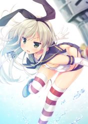 Rule 34 | &gt;:d, 10s, 1girl, :d, anchor, anchor hair ornament, ass, black panties, blonde hair, blush, butt crack, crop top, elbow gloves, gloves, green eyes, hair ornament, hair ribbon, hairband, highleg, highleg panties, kantai collection, leaning forward, long hair, looking at viewer, masaki kei, microskirt, open mouth, panties, rensouhou-chan, ribbon, sailor collar, shimakaze (kancolle), skirt, smile, solo, striped clothes, striped thighhighs, thighhighs, thong, underwear, v-shaped eyebrows, white gloves