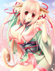 Rule 34 | 1girl, animal ears, bare shoulders, blonde hair, breasts, cat ears, cat girl, cat tail, cleavage, female focus, green kimono, hair ornament, highres, huge breasts, japanese clothes, kimono, large breasts, long hair, no bra, no panties, original, red eyes, sitting, solo, standing, suzuki nene, tail, thighs, yukata