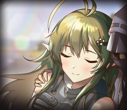 Rule 34 | 1girl, 1other, ahoge, arknights, close-up, commentary request, cuddling, doctor (arknights), closed eyes, gavial (arknights), green hair, hair between eyes, hair ornament, hand on another&#039;s shoulder, hasegawamorito, hood, hood up, hooded jacket, jacket, light blush, long hair, mask, pointy ears, smile, vignetting