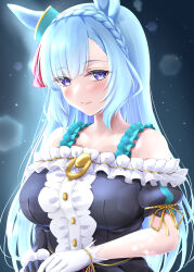 Rule 34 | 1girl, absurdres, animal ears, bare shoulders, black dress, blue hair, blush, braid, breasts, center frills, closed mouth, commentary request, crown braid, dress, ear ornament, frilled dress, frills, gloves, highres, horse ears, horse girl, long hair, looking at viewer, medium breasts, mejiro ardan (umamusume), off-shoulder dress, off shoulder, puffy short sleeves, puffy sleeves, purple eyes, short sleeves, smile, solo, taku (312nismo1), umamusume, upper body, very long hair, white gloves