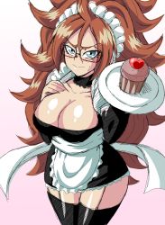Rule 34 | 1girl, android 21, apron, blue eyes, blush, breasts, cleavage, cupcake, dragon ball, dragonball z, food, glasses, highres, large breasts, lewdamone, maid, maid apron, red hair, solo, thighhighs
