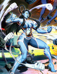 Rule 34 | 1girl, afterimage, barefoot, black hair, bodypaint, breasts, cleavage, clenched hand, clenched hands, commentary, english commentary, female seth (street fighter), fighting stance, full body, genzoman, hair over one eye, halo, large breasts, lips, looking at viewer, metal skin, muscular, muscular female, neon trim, orb, painted clothes, plantar flexion, punching, solo, street fighter, street fighter v, thick thighs, thighs, toes, wide hips, yellow eyes, yin yang, yin yang orb