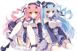 Rule 34 | 2girls, :o, azur lane, bag, bare shoulders, between legs, blue eyes, blue footwear, blue hair, blue hairband, blue hat, blue neckwear, blue skirt, blush, bow, bowtie, breasts, brown eyes, center frills, closed mouth, commentary request, detached sleeves, flower, frilled legwear, frilled skirt, frilled sleeves, frills, garter straps, hair between eyes, hair flower, hair ornament, hairband, hand between legs, handbag, hat, high heels, highres, holding, holding bag, horns, ikazuchi (azur lane), ikazuchi (sakura tea) (azur lane), inazuma (azur lane), inazuma (vanilla pudding) (azur lane), large breasts, lightning bolt symbol, long hair, long sleeves, looking at viewer, mini hat, mini top hat, multiple girls, one side up, parted lips, pink hair, rose, shirt, simple background, sitting, skirt, striped bow, striped bowtie, striped clothes, striped neckwear, thighhighs, top hat, very long hair, wariza, white background, white flower, white legwear, white rose, white shirt, yuutsuki hina
