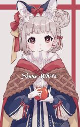 Rule 34 | 1girl, animal ear fluff, animal ears, artist name, bow, cape, food, grey hair, hair bow, hair bun, hair ribbon, hands up, highres, holding, holding food, jikuno, long sleeves, looking at viewer, open mouth, original, red eyes, red ribbon, ribbon, short hair, simple background, solo