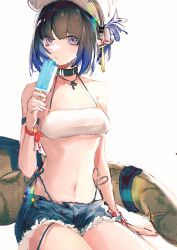 Rule 34 | 1girl, absurdres, arknights, arm strap, black choker, black hair, blue eyes, blue hair, blue pants, bracelet, camisole, chinese commentary, choker, earrings, eunectes (arknights), eunectes (forgemaster) (arknights), eyes visible through hair, female focus, flower, food, hair flower, hair ornament, highres, holding, holding food, ice cream, jewelry, lishayakou, looking at viewer, multicolored hair, official alternate costume, pants, pointy ears, popsicle, shorts, simple background, sitting, snake tail, solo, stomach, tail, white background, white headwear