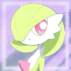 Rule 34 | 1girl, bob cut, border, colored skin, creatures (company), female focus, flat chest, game freak, gardevoir, gen 3 pokemon, green hair, green skin, hair over one eye, highres, looking to the side, multicolored skin, nintendo, one eye covered, open mouth, outside border, pokemon, pokemon (creature), portrait, purple background, red eyes, short hair, solo, two-tone skin, white border, white skin, yuri (fl0werspace)